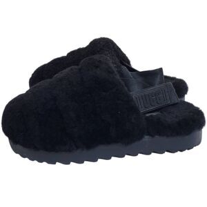 UGG BLACK SUPER FLUFF SLIDE SHEEPSKIN SANDAL SLIPPERS, WOMEN US 7